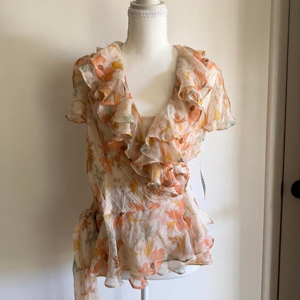 Vintage Ralph Lauren silk cream & orange floral blouse with ruffles